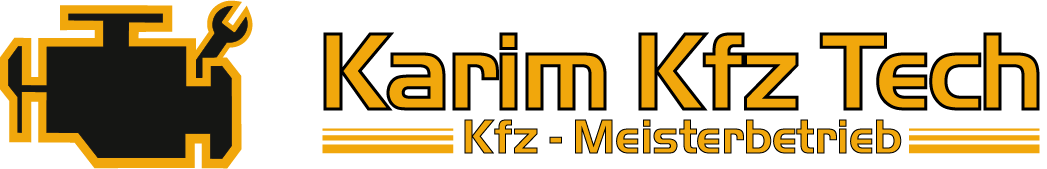 Logo von Karim Kfz Tech, Kfz-Meisterbetrieb: ein Motorsymbol mit Schraubenschlüssel und orangefarbene Schrift.