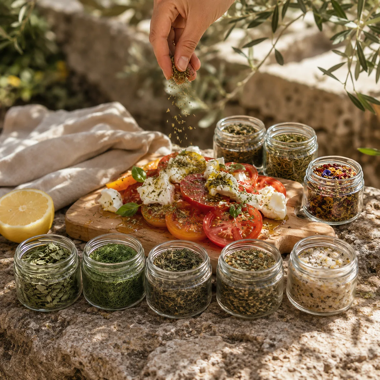 Bildkonzept für Rosemary & Co.: Eine Hand streut getrocknete Kräuter über Tomaten mit Mozzarella auf einem Holzbrett, davor Gläser mit Kräutern und Gewürzen auf hellem Stein im Sonnenlicht.